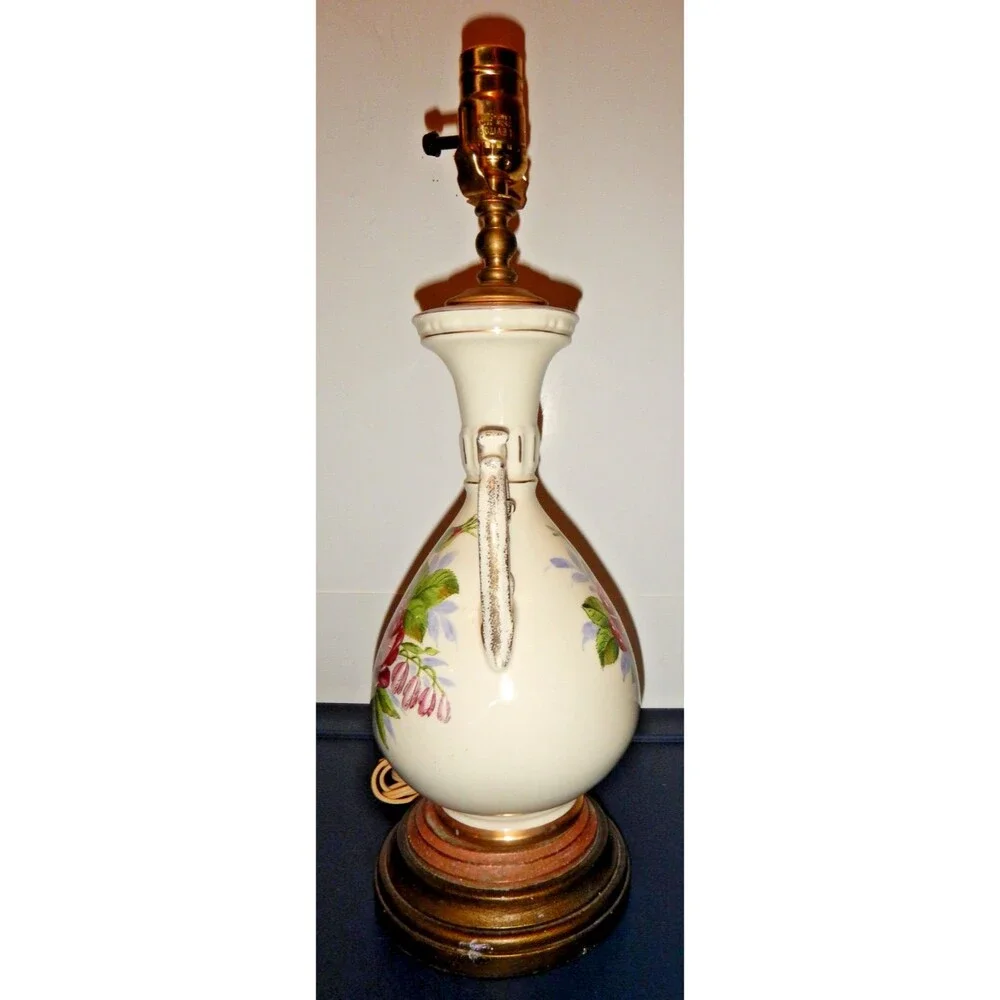 Vintage Porcelain Urn Table Lamp Roses Gold Scroll Handles Floral Hand Decorated